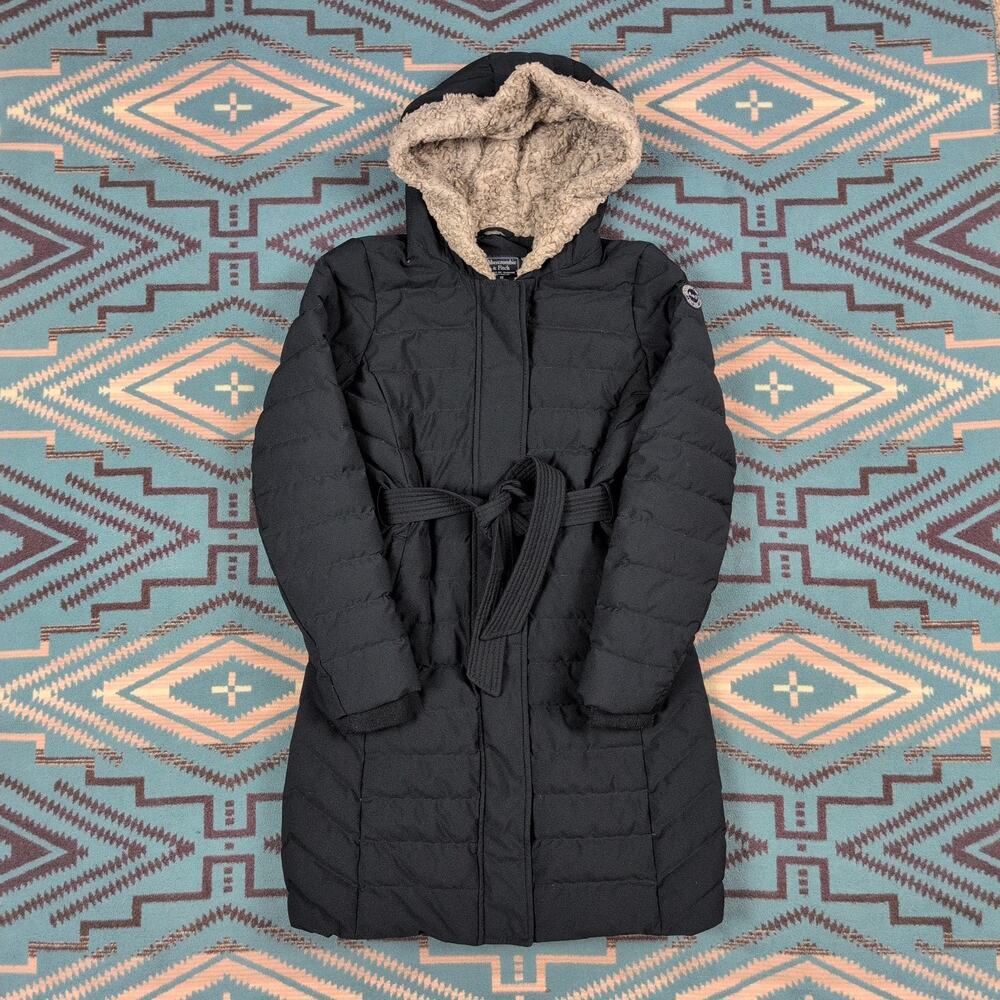 Abercrombie & Fitch Long Down Puffer Coat Winter Jacket Women XS Small Fur Black